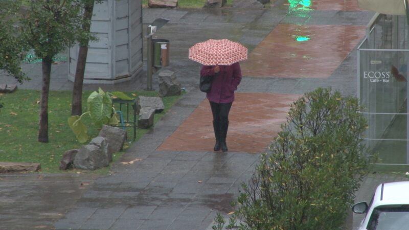 Mujer caminando con paraguas bajo la lluvia